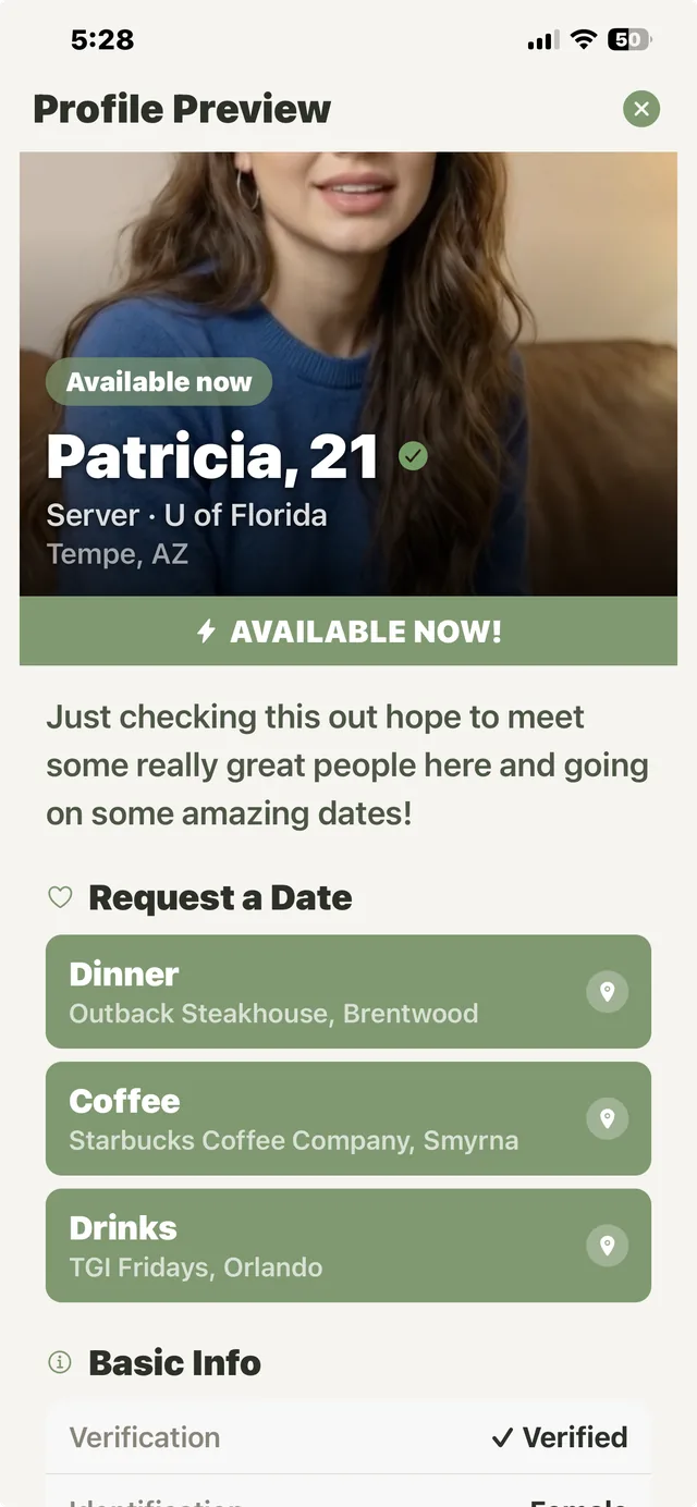 Patricia's profile showing Request a Date options for dinner, coffee, or drinks